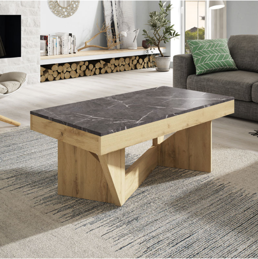 table basse marbre gris foncé veiné blanc avec un pieds en bois clair design 
