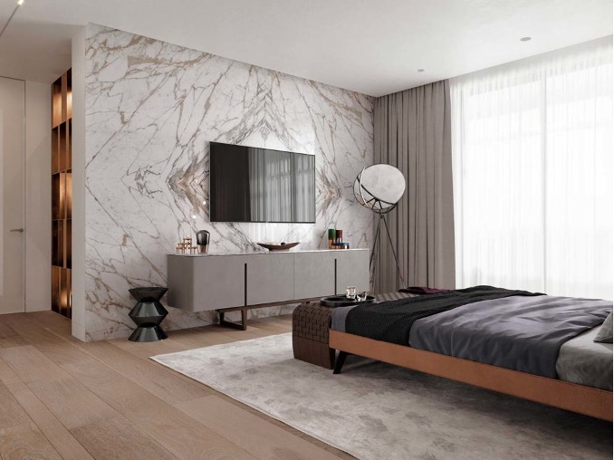 chambre avec marbre graphique au mur 