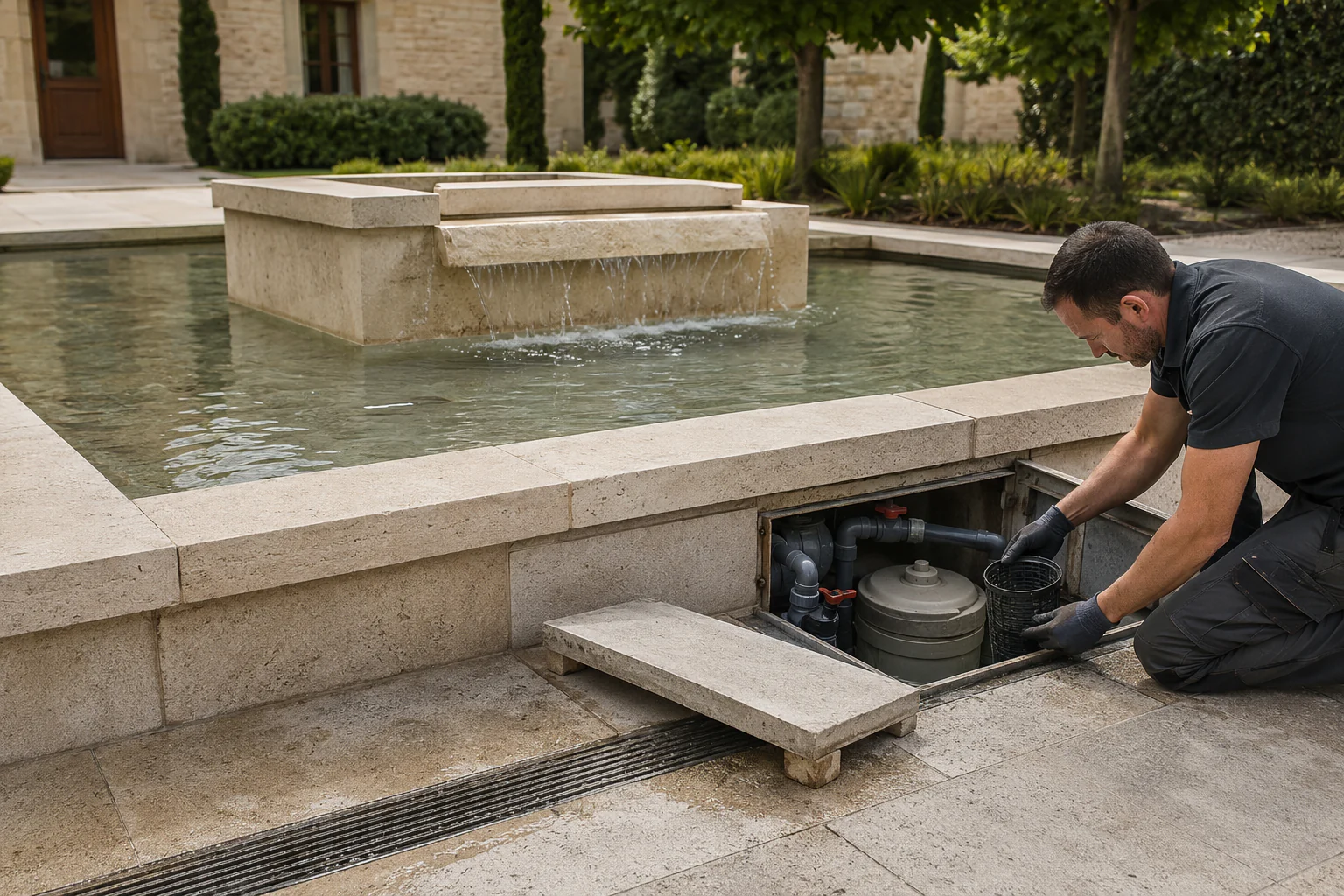Fontaines et bassins en marbre et pierre naturelle 1 MIU PHO P3 035 Fontaine en pierre en service et détails de la ligne d'eau — Fontaines et bassins en marbre et pierre naturelle