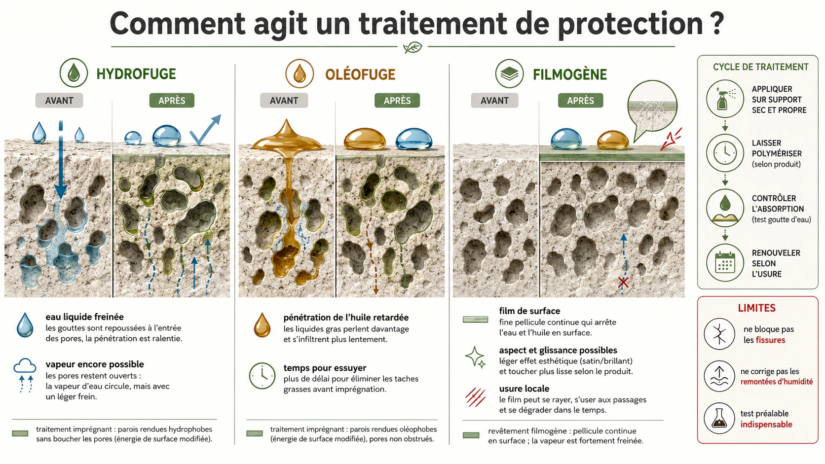 Traitements hydrofuges, oléofuges, protections, limites et renouvellement 2 MIU SCH P2 097 — Comment agit un traitement de protection Comment agit un traitement de protection