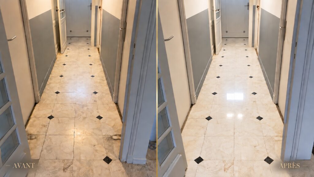 Couloir en marbre avant et après rénovation par polissage