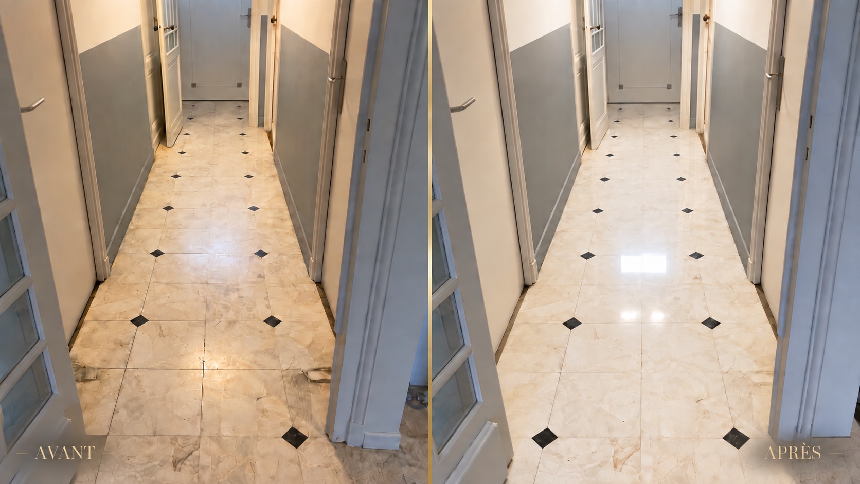 Marble and Natural-Stone Restoration in Bordeaux 10 polissage couloir marbre avant apres Marble corridor before and after polishing
