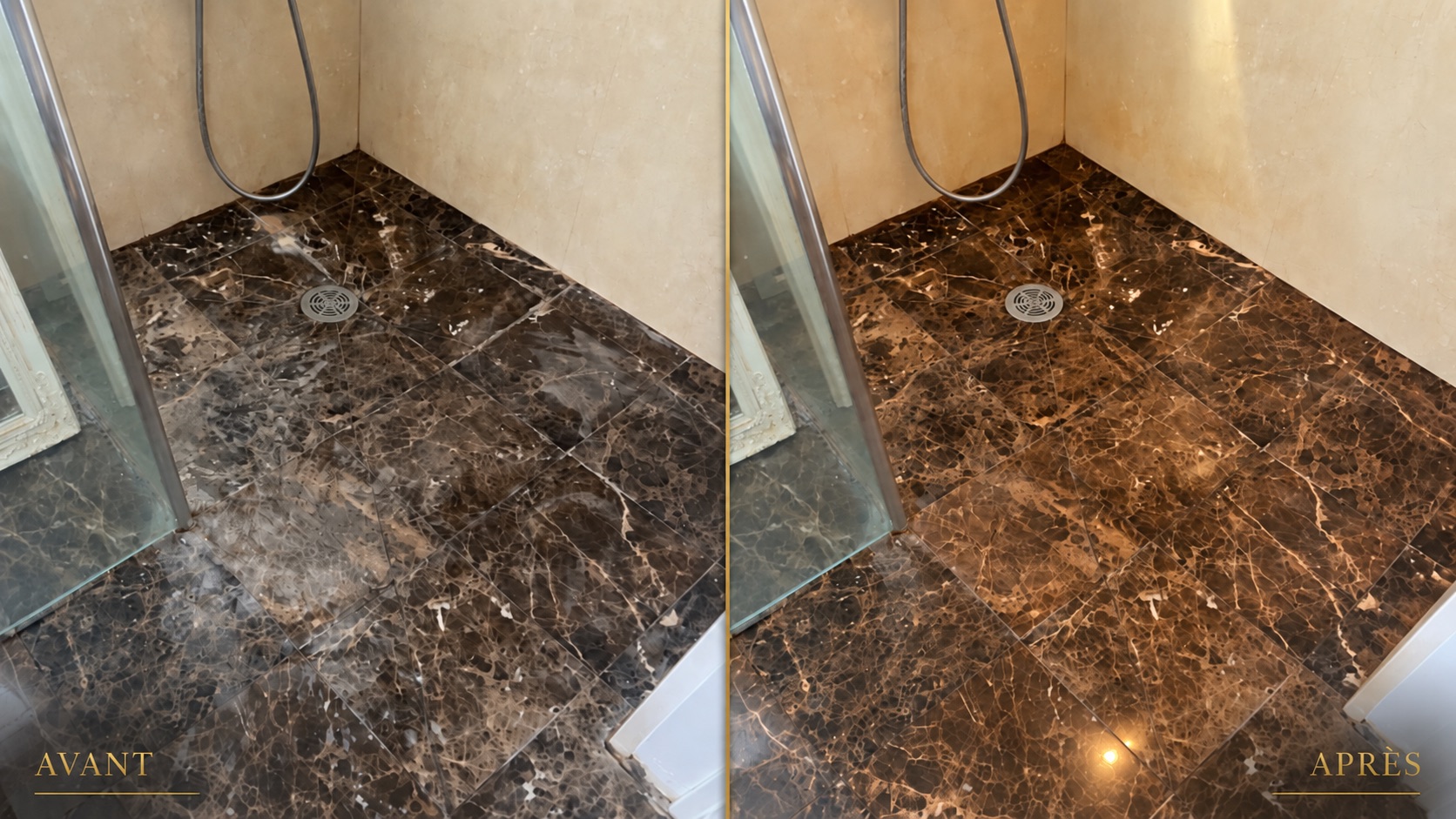 Marble and Natural-Stone Restoration in Bordeaux 11 renovation douche marbre avant apres Marble shower floor before and after grinding and polishing