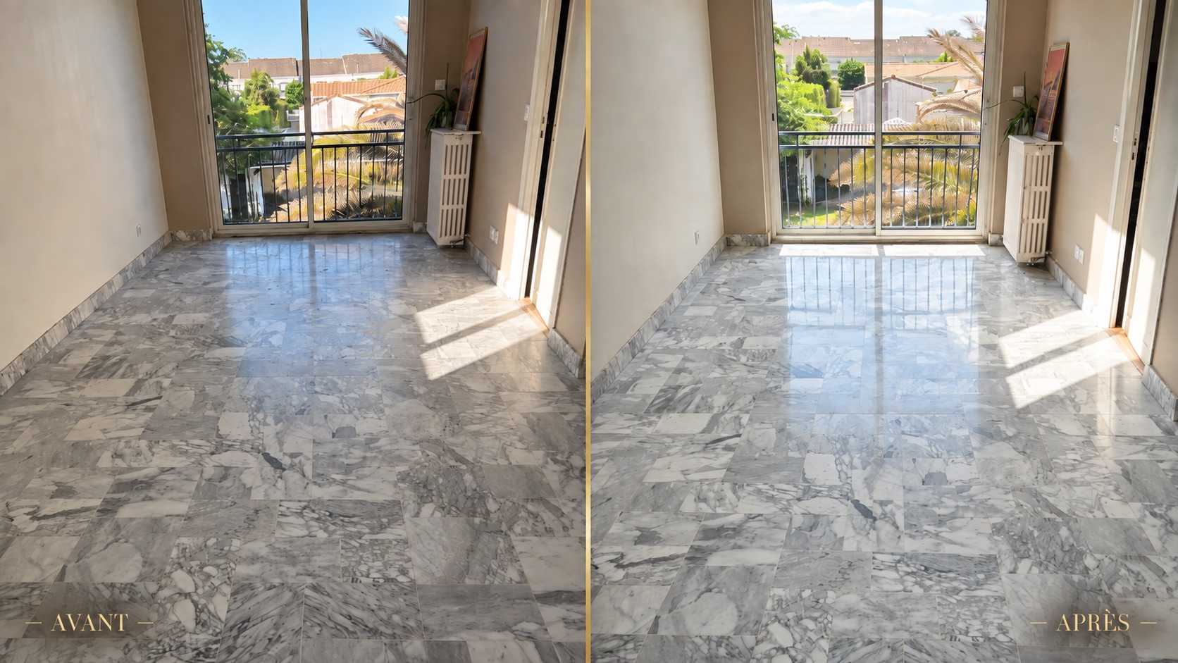 Marble and Natural-Stone Restoration in Bordeaux 9 renovation poncage salon marbre avant apres Living-room marble floor before and after grinding, honing and polishing