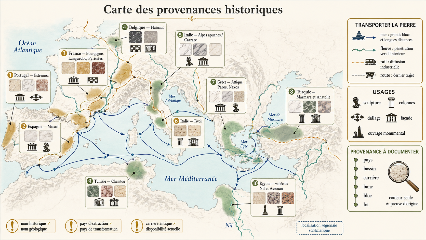 Atlas historique des marbres, pierres et provenances 2 carte provenances historiques marbre mediterranee Carte pédagogique des grandes provenances historiques de marbres et pierres autour de l'Europe et de la Méditerranée, avec bassins, anciennes routes de transport et principaux usages architecturaux.
