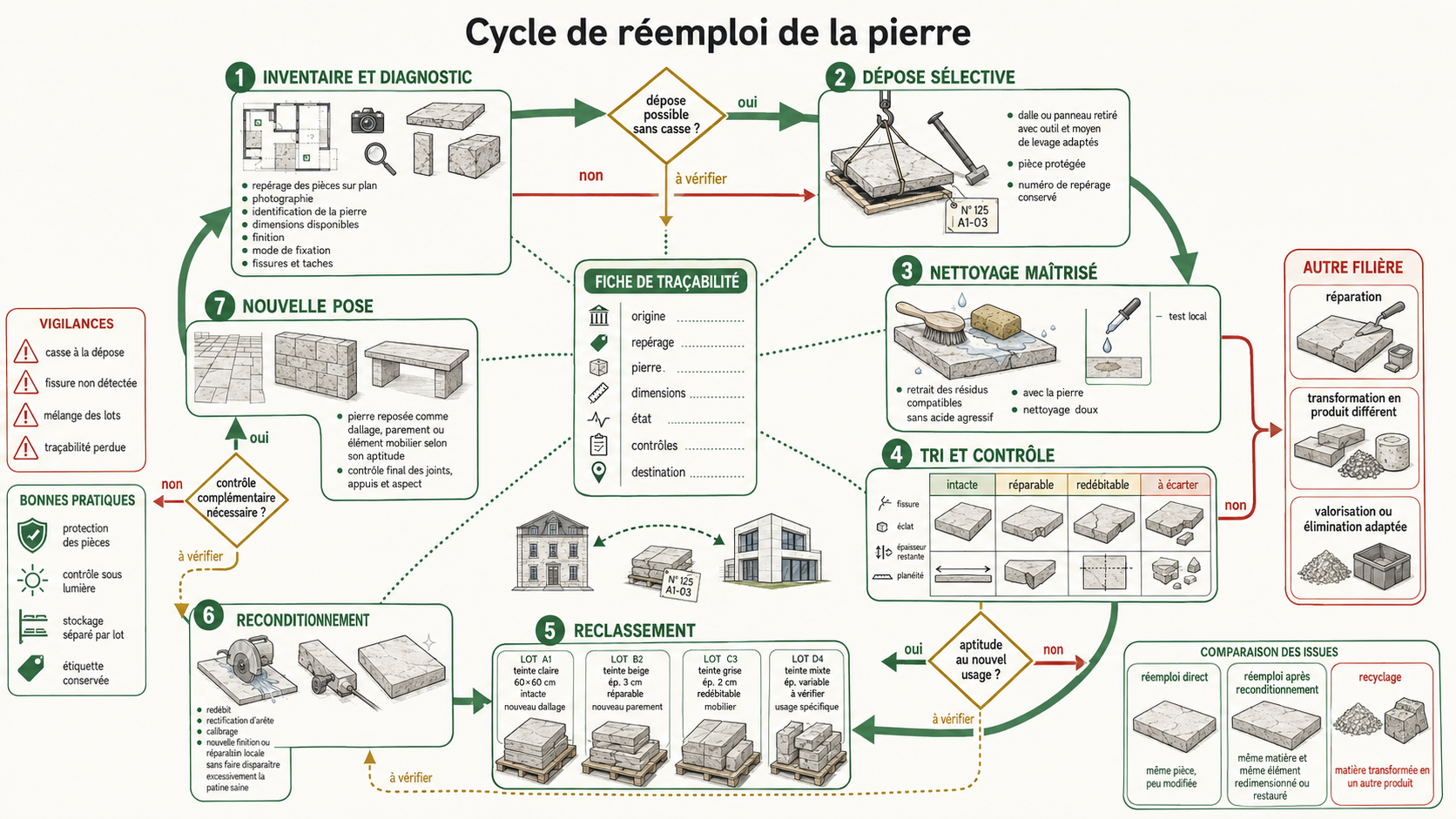 Économie circulaire : réemploi, démontage, seconde vie, chutes et traçabilité 2 cycle reemploi pierre depose tri reconditionnement Cycle de réemploi de la pierre naturelle montrant inventaire et diagnostic, dépose sélective, nettoyage, tri, contrôle, reclassement, reconditionnement, nouvelle pose et fiche de traçabilité.
