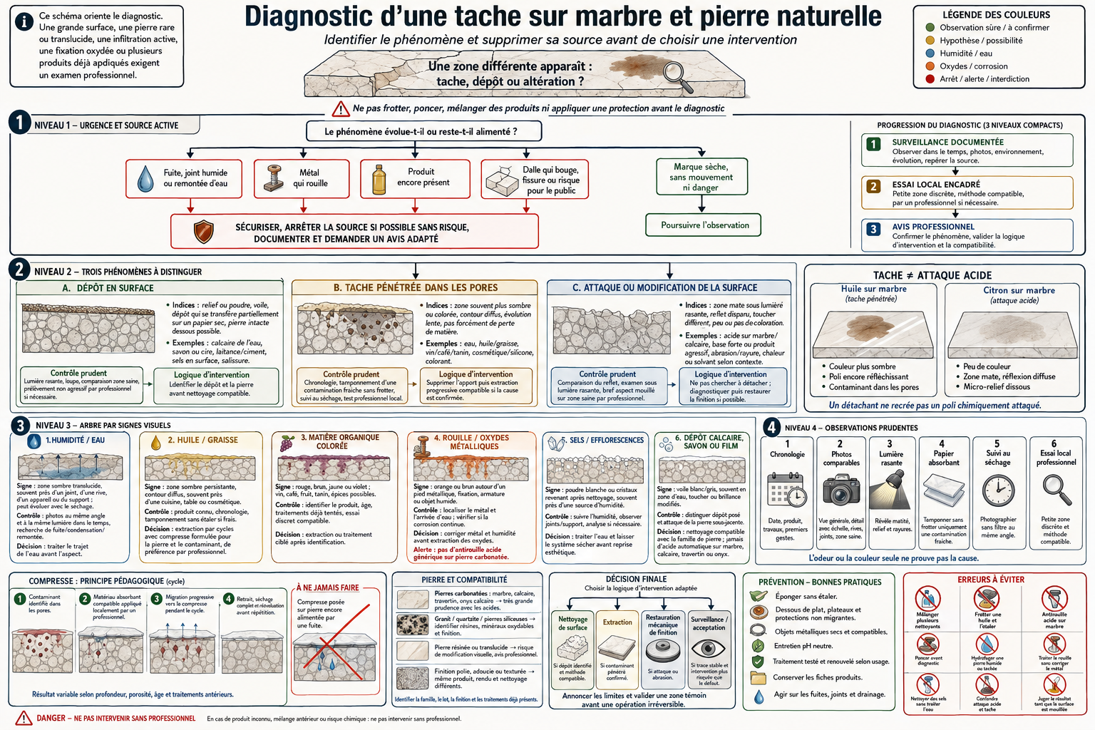 Diagnostic : taches sur marbre et pierre naturelle 2 diagnostic tache marbre pierre naturelle Arbre de diagnostic pédagogique d'une tache sur marbre et pierre naturelle distinguant dépôt de surface, tache pénétrée, attaque chimique, humidité, huile, rouille, sels et niveaux d'intervention.