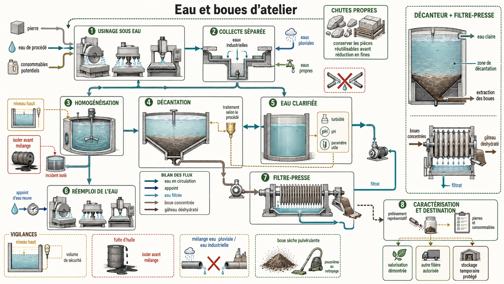 Process industriel et gestion des boues de pierre 2 eau boues atelier circuit reemploi Schéma du circuit des eaux et boues d'un atelier de pierre montrant usinage sous eau, collecte séparée, homogénéisation, décantation, eau clarifiée, filtre-presse, réemploi de l'eau et destination des boues.