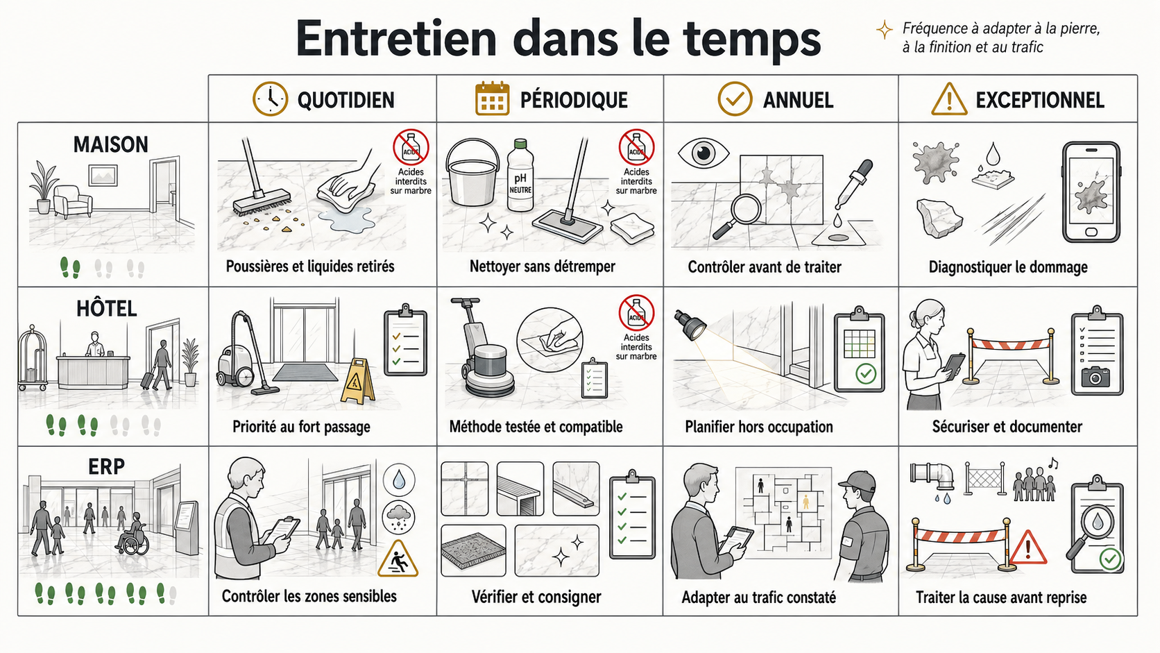 Plans de maintenance par usage : maison, hôtel, commerce, extérieur et ERP 2 entretien pierre naturelle dans le temps Calendrier pédagogique d'entretien de la pierre naturelle distinguant actions quotidiennes, périodiques, annuelles et exceptionnelles pour une maison, un hôtel et un ERP.