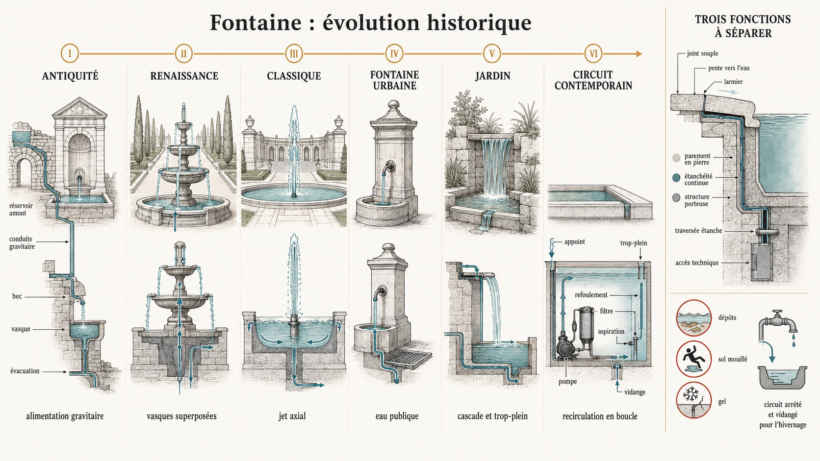 Fontaines et bassins en marbre et pierre naturelle 2 evolution historique fontaines pierre naturelle Frise historique des fontaines depuis l'Antiquité jusqu'au circuit contemporain : alimentation gravitaire, vasques Renaissance, jet classique, fontaine urbaine, cascade de jardin, recirculation, étanchéité, structure et parement en pierre.