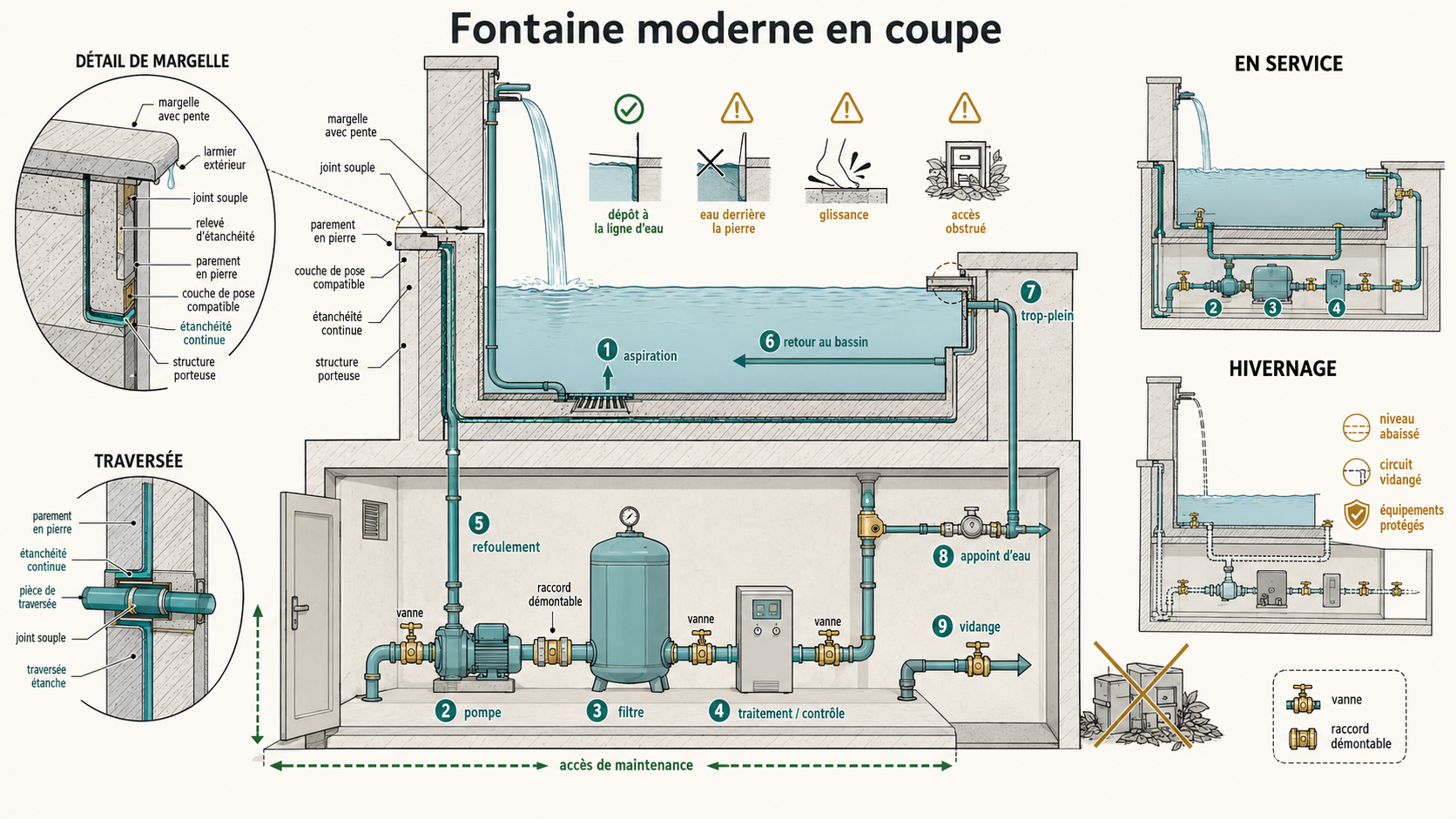 Fontaines et bassins en marbre et pierre naturelle 3 fontaine moderne coupe circuit hydraulique Coupe technique d'une fontaine moderne montrant margelle avec pente et larmier, parement en pierre, étanchéité continue, traversée étanche, aspiration, pompe, filtre, traitement, refoulement, trop-plein, appoint, vidange et hivernage.