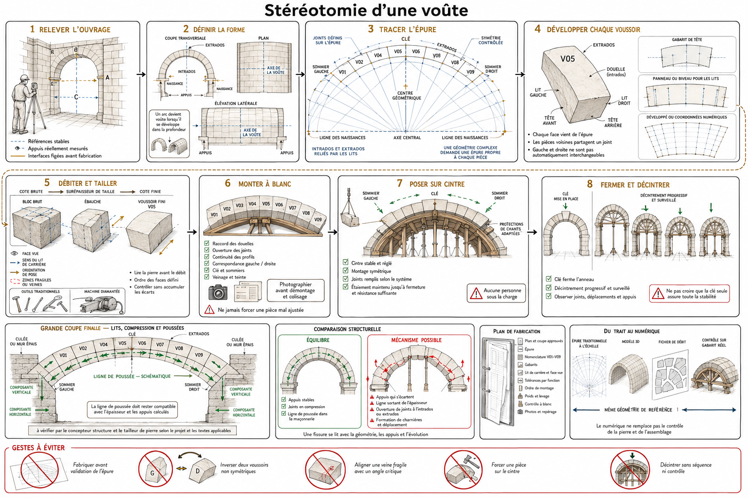 Découpe, taille et stéréotomie approfondies 2 stereotomie voute pierre naturelle Schéma pédagogique de la stéréotomie d'une voûte en pierre naturelle montrant relevé, définition de la forme, épure, développement des voussoirs, débit, taille, montage à blanc, pose sur cintre, fermeture, décintrement et ligne de poussée.