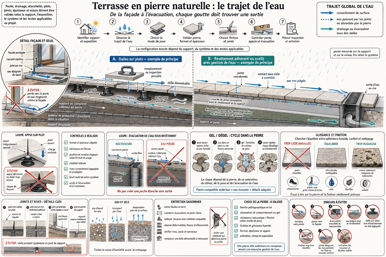 Terrasses en pierre naturelle : drainage, gel, plots, pentes et entretien extérieur 2 terrasse pierre naturelle trajet eau Coupe pédagogique d'une terrasse en pierre naturelle montrant le trajet de l'eau depuis la façade jusqu'à l'évacuation, la pente, le drainage sous dalles, la pose sur plots, le gel et les erreurs à éviter.
